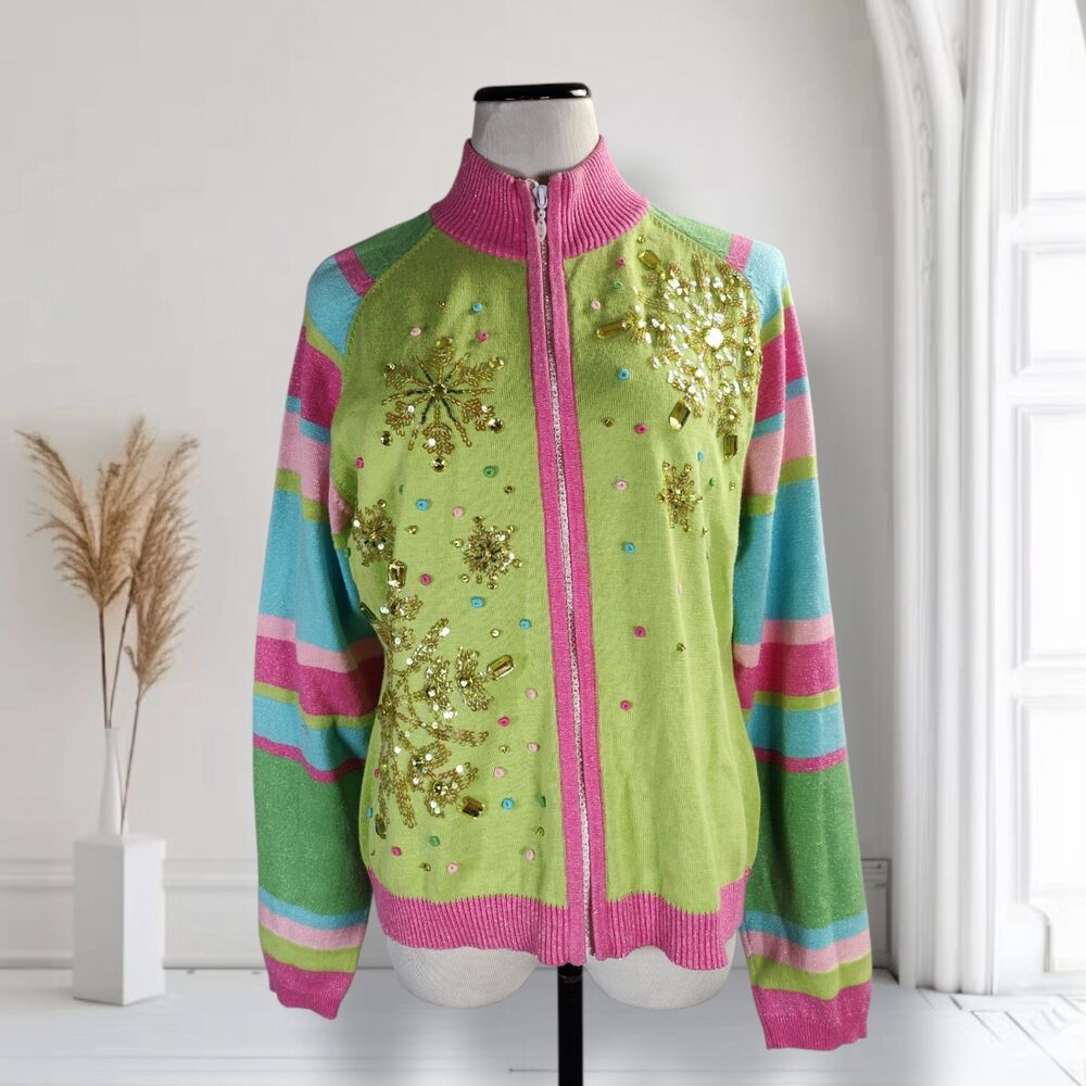 Vintage 90s Berek Neon Embellished Christmas Cardigan Size XL Full Zip Holiday